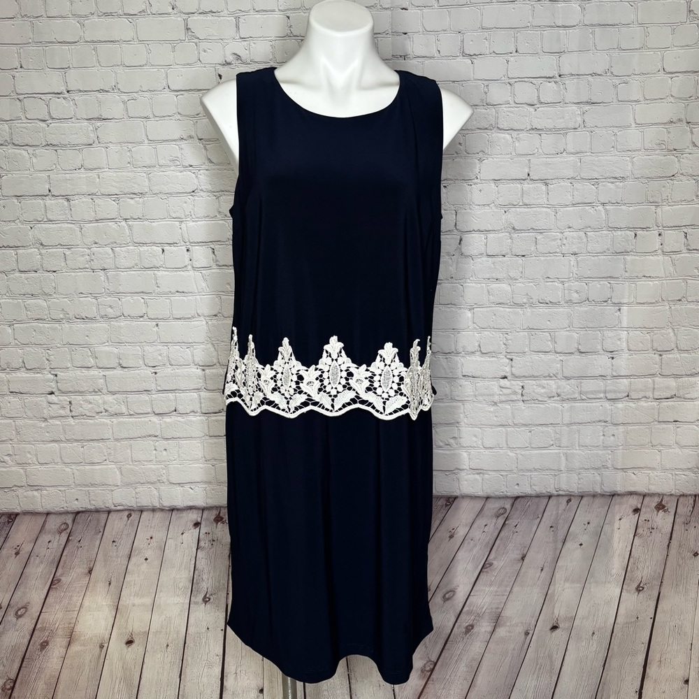 Emma & Michele Navy Blue Sleeveless Dress with White Embroidery Lace Detail SZ L